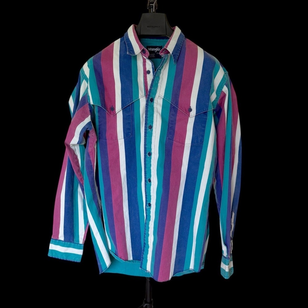 70's Wrangler Western Shirt XL Long Tails Striped Teal Purple Blue Button Down